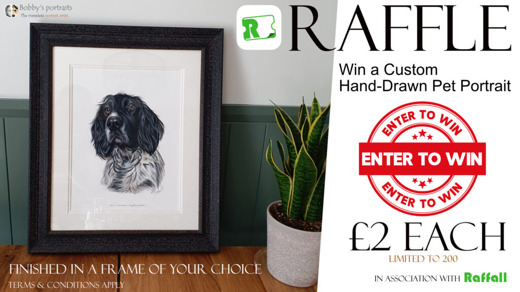 Win a Custom Hand-Drawn Pet Portrait Competition! £2 per ticket, limited to 200. Bobbys Hand Drawn Portraits
