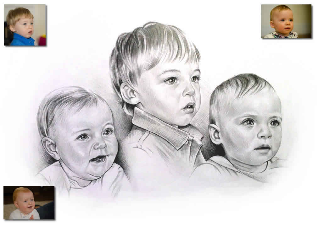 Three children graphite Bobbys Hand Drawn Portraits