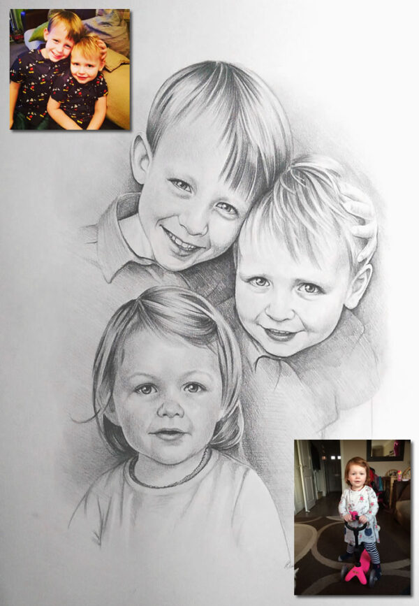 Compilation of three children Bobbys Hand Drawn Portraits.