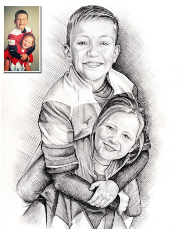 Brother and sister drawing Bobbys Hand Drawn Portraits.