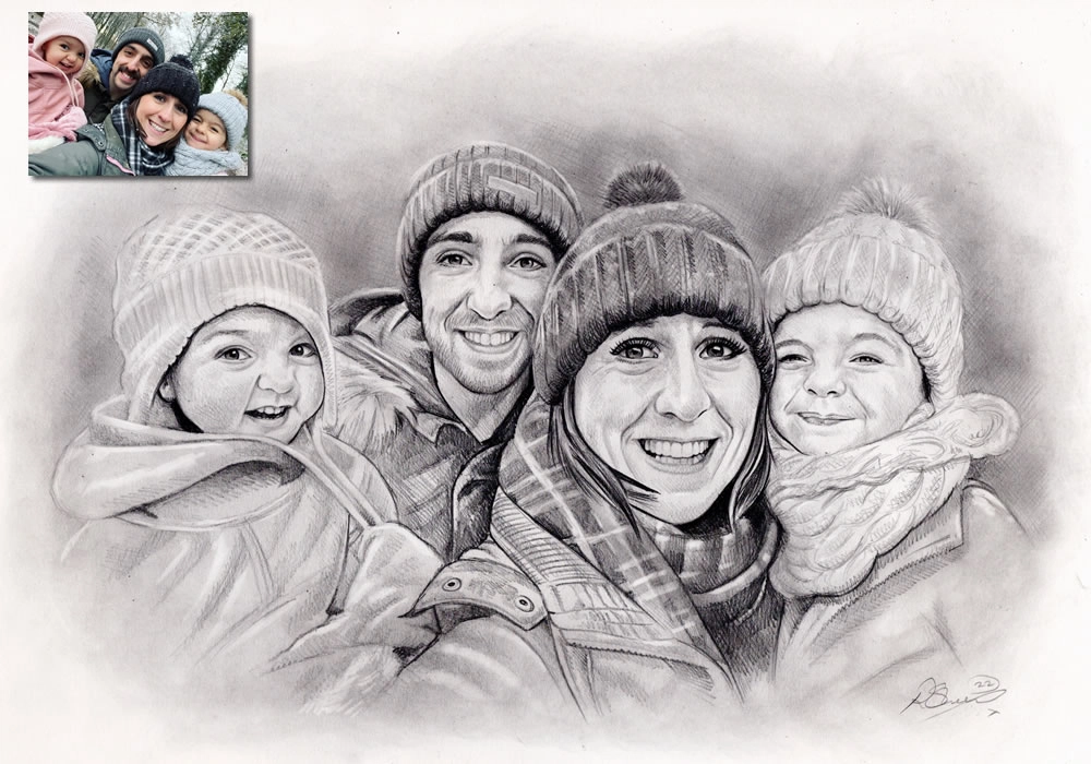 drawing of a family in graphite pencils