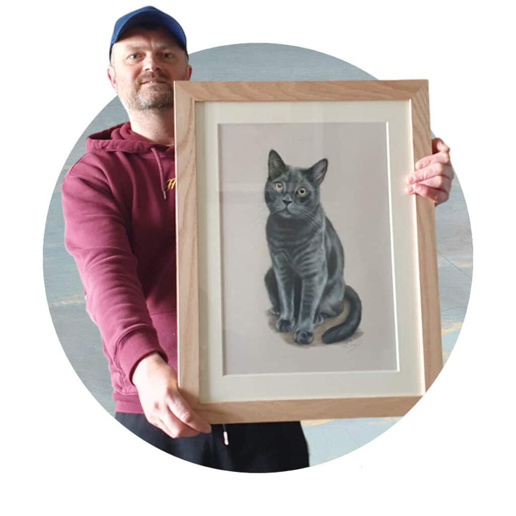 A portrait of a steel grey cat. Bobbys Hand Drawn Portraits